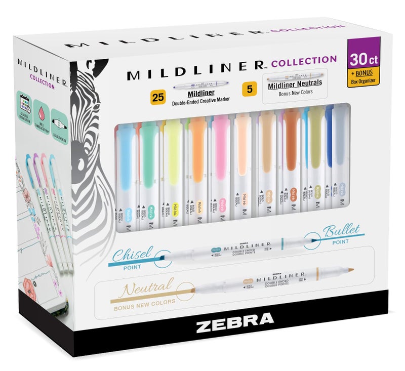 Zebra Pen Mildliner Double-Ended Highlighter Set, Broad and Fine Point Tips, Ideal for Bible Highlighting, No Bleed, 30 Pastel and Neutral ink Colors, Pack of 30 - Image 1
