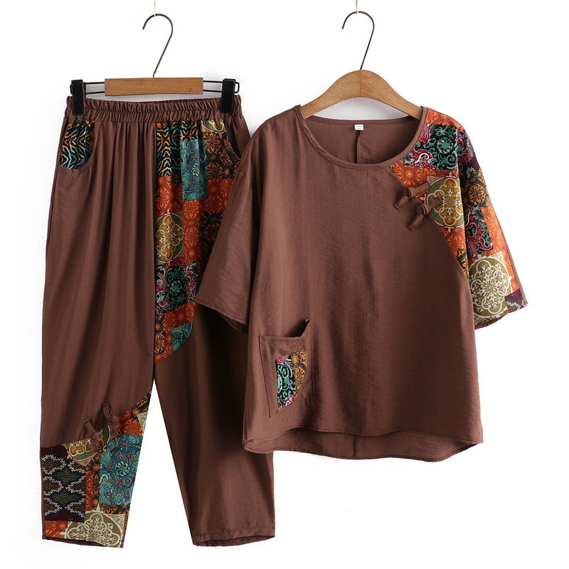 Middle-aged Mother Summer Dress Ethnic Style Fashion suit Womens Western Style Grandmas Summer Cotton and Linen Pants 2-piece Set for Women Brown