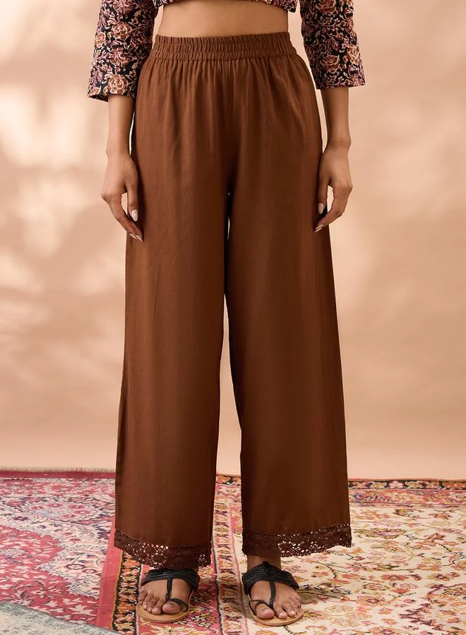 globus Brown Solid High Rise Lace Hem Wide Leg Pants