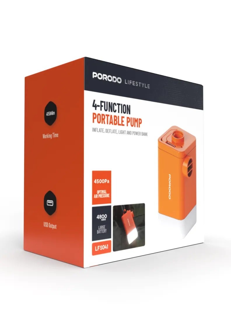 porodo 4-Function Portable Pump / Inflate / Deflate / Light / Power Bank / Compact & Lightweight / Camping / Outdoor - Orange - Image 4