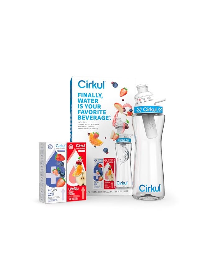 Cirkul Cirkul Water Bottle + 2 Flavor Cartridge Starter Kit 22 oz. BPA-Free Plastic Reusable Bottle & Blue Lid, LifeSip Fruit Punch w/B-Vitamins, FitSip Mixed Berry w/Electrolytes (Zero Calorie/No Sugar) - Image 1