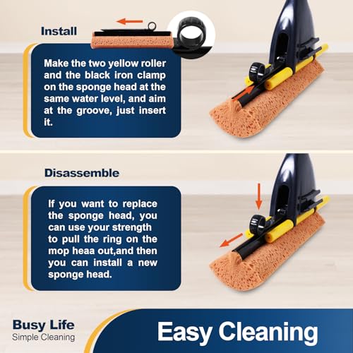 Yocada Sponge Mop Home Commercial Use Tile Floor Bathroom Garage Cleaning with Squeegee and Extendable Telescopic Long Handle 42-52 Inches Easily Dry Wringing - Image 3