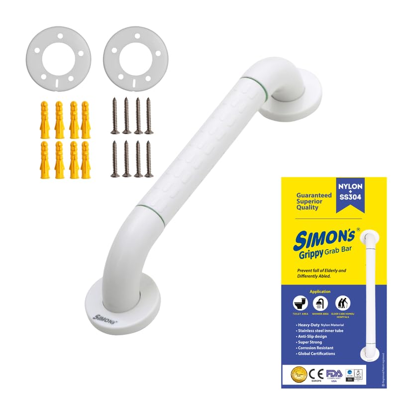 Simon's Grippy Heavy-Duty Nylon and SS304 Inside Bathroom and Toilet Anti Slip Grab bar for Elderly Hand Railing and Safety Handle| White | 3.5 cm Broad, 38 cm Length Grab Rail - 1pcs - Image 1