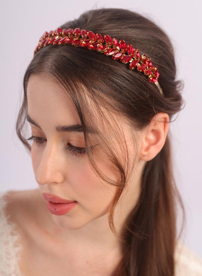 BERYUAN Red Rhinestone Crystal Headband Teardrop Rhinestone Headband Simple Rhinestone Wedding Headband Wedding Hair Accessories for Women (red) - Image 2