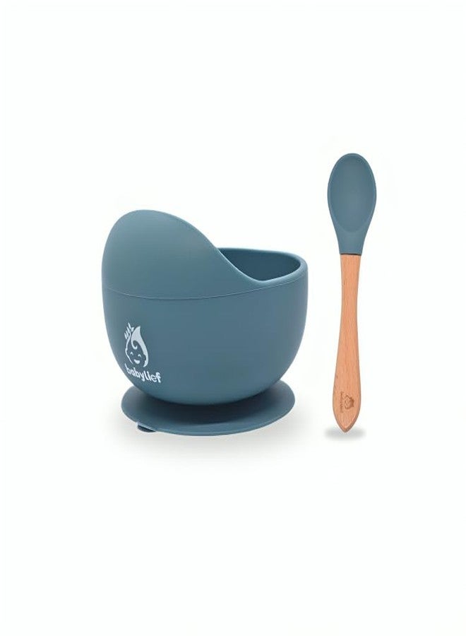 Babylief™ Silicone Suction Bowl and Wooden Handled Silicone Spoon Combo (Blue) - Image 1