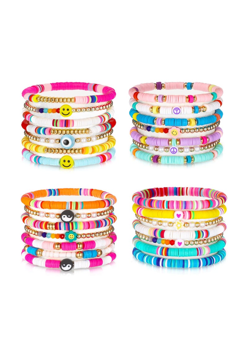 SOLARAE Colorful Heishi Surfer Bracelets Set - 28 Pcs of Preppy Happy Smile Evil Eye Beaded Stretch Bracelets, 4 Sets of Stackable Clay Disc Boho Jewelry for Women, Y2K Aesthetic Summer Beach Style. - Image 4