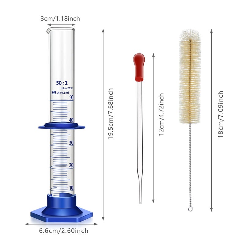 Qesdaoxu Thick Glass Graduated Cylinder Measuring Liquid Lab Cylinders with Anti-Falling Plastic Base and Bumper Guards and Cylinder Brush (Glass, 50ML) - Image 2
