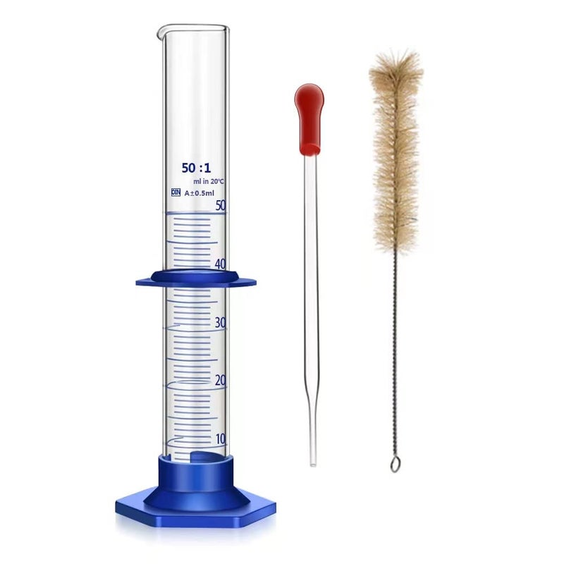 Qesdaoxu Thick Glass Graduated Cylinder Measuring Liquid Lab Cylinders with Anti-Falling Plastic Base and Bumper Guards and Cylinder Brush (Glass, 50ML) - Image 1