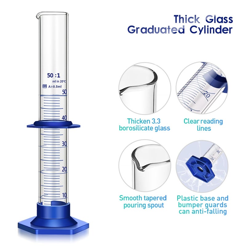 Qesdaoxu Thick Glass Graduated Cylinder Measuring Liquid Lab Cylinders with Anti-Falling Plastic Base and Bumper Guards and Cylinder Brush (Glass, 50ML) - Image 5