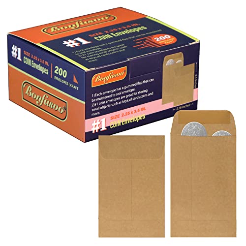 Bonfasvo 200 Pack #1 Kraft Coin Envelope 2.25 X 3.5 inches Kraft Envelopes Classic Small Parts Envelopes with Self Adhesive Gummed Flap for Coins Cash Credit Cards Seeds - Image 1