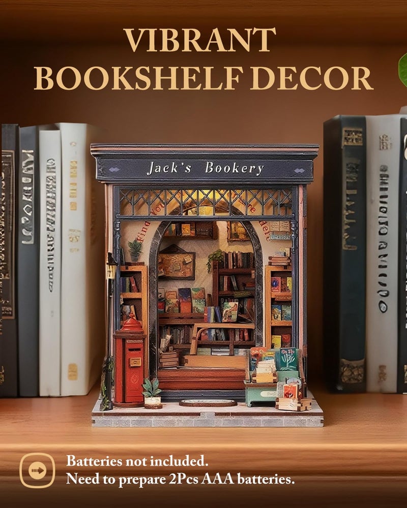 Cutefun Book Nook Kit - DIY Miniature Dollhouse Library Kit for Adults and Teens, Tiny House Building Bookshelf Insert Decor with LED Light, Gifts for Family and Friends (Jack's Bookery) - Image 3