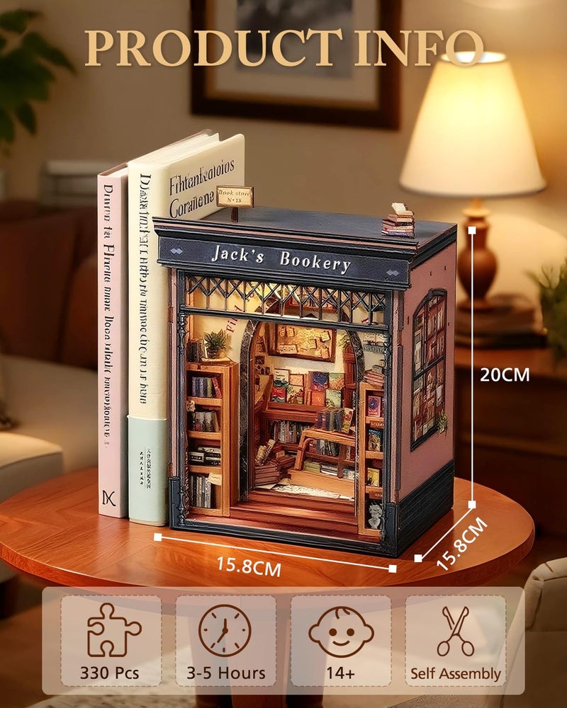 Cutefun Book Nook Kit - DIY Miniature Dollhouse Library Kit for Adults and Teens, Tiny House Building Bookshelf Insert Decor with LED Light, Gifts for Family and Friends (Jack's Bookery) - Image 2