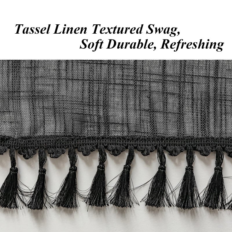 BD BEDA HOME Beda Home Tassel Linen Textured Swag Curtain Valance for Farmhousesâ€™ Kitchen; Light Filtering Rustic Short Swag Topper for Small Windows Bedroom Privacy Added Rod Pocket Design (36W x 36L, Black) - Image 3