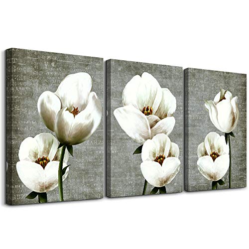 TTHYUEWS Vintage Style White Flowers Abstract Wall Art - 3 Panels Modern Family Decor For Living Room, Bedroom, Bathroom, Kitchen - Image 1