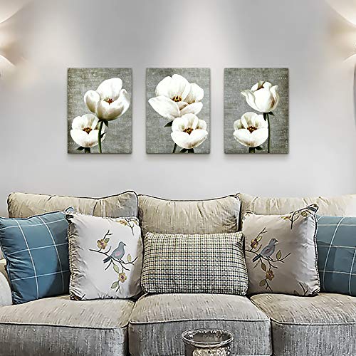 TTHYUEWS Vintage Style White Flowers Abstract Wall Art - 3 Panels Modern Family Decor For Living Room, Bedroom, Bathroom, Kitchen - Image 3