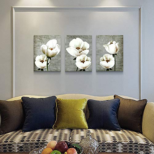 TTHYUEWS Vintage Style White Flowers Abstract Wall Art - 3 Panels Modern Family Decor For Living Room, Bedroom, Bathroom, Kitchen - Image 2
