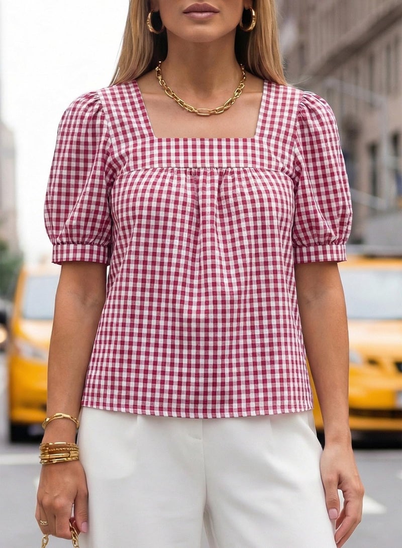 EVALESS Tops for Women Short Sleeve Tunic Blouse Dressy Casual Square Neck Gingham Tops Cotton Blend Plaid Shirt Cute Checkered Puff Sleeve Work Blouses 2026 Summer Vacation Outfits Red X-Large - Image 5