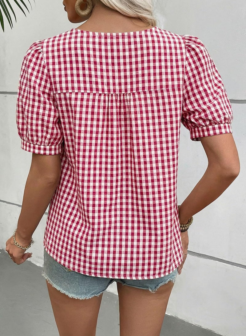 EVALESS Tops for Women Short Sleeve Tunic Blouse Dressy Casual Square Neck Gingham Tops Cotton Blend Plaid Shirt Cute Checkered Puff Sleeve Work Blouses 2026 Summer Vacation Outfits Red X-Large - Image 3
