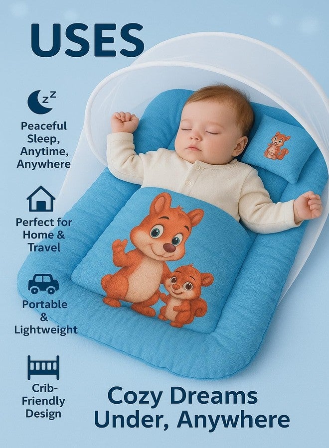 ink craft Baby Bed with Mosquito Net | Cotton Portable New Born Baby Bedding Set, Travel Friendly Insect Zip Protector, Sleeping Baby Playmats (Blue, Random Print) - Image 2