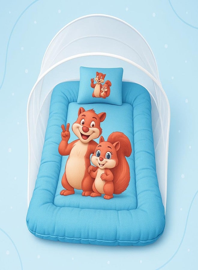 ink craft Baby Bed with Mosquito Net | Cotton Portable New Born Baby Bedding Set, Travel Friendly Insect Zip Protector, Sleeping Baby Playmats (Blue, Random Print) - Image 1