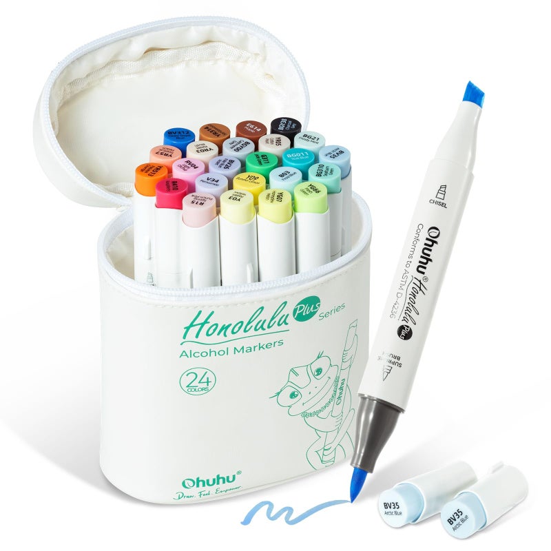Ohuhu Alcohol Markers Supreme Brush Tip: 24-Color Brush & Chisel Double Tipped Art Marker Set For Artist Adults Coloring Illustrations -Honolulu Plus-Refillable - Image 1