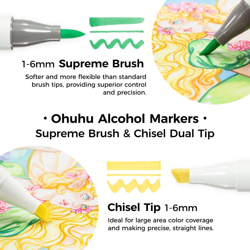Ohuhu Alcohol Markers Supreme Brush Tip: 24-Color Brush & Chisel Double Tipped Art Marker Set For Artist Adults Coloring Illustrations -Honolulu Plus-Refillable - Image 2