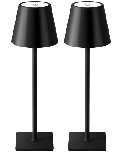 KDG 2 Pack Cordless Table Lamp Portable LED Desk Lamps 5000mAh Battery Operated 3 Color Stepless Dimming Up for Restaurant Bedroom Outdoor Camping Coffee Shop Night Light Rechargeable Black - Image 1