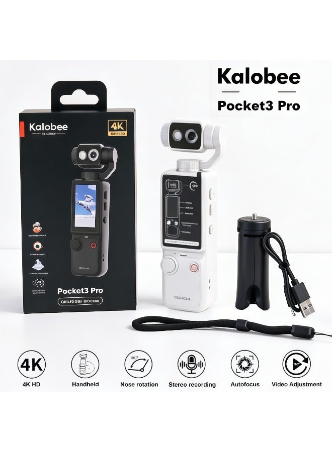كالوبي كاميرا جيب يدوية Kalobee Pocket3 Pro بدقة 4K عالية الوضوح، عدسة دوارة 180 درجة مع إضاءة مدمجة، كاميرا فيديو جيمبال محمولة بميكروفون استريو، مسجل فيديو للفلوج مع تركيز تلقائي للسفر والتصوير اليومي، متوفرة بثلاثة ألوان - Image 1