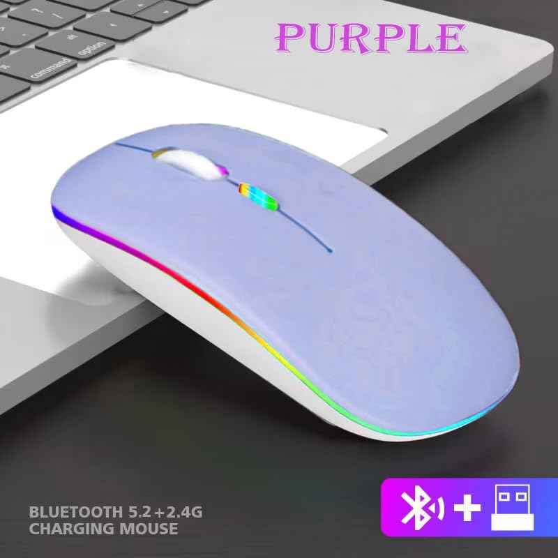 Guiheng Wireless Bluetooth Mouse,LED Dual Mode Rechargeable Silent Slim Laptop Mouse,Portable(BT5.2+USB Receiver) Dual Mode Computer Mice,for Laptop,Desktop Computer,ipad Tablet,Phone,Mac(Purple) - Image 3