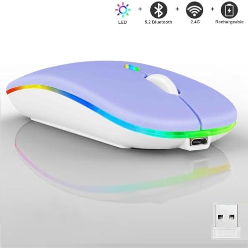 Guiheng Wireless Bluetooth Mouse,LED Dual Mode Rechargeable Silent Slim Laptop Mouse,Portable(BT5.2+USB Receiver) Dual Mode Computer Mice,for Laptop,Desktop Computer,ipad Tablet,Phone,Mac(Purple) - Image 2