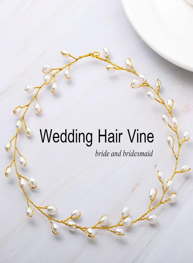Catery Bridal Headbands Pearl Hair Vine Wedding Headpiece Bride Head Band Accessories for Women and Girls (Gold) - Image 2