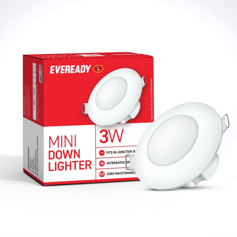 Eveready Polycarbonate 3W Mini Downlighter | Round Shape | High Efficiency 75 lm/W | 4KV Surge Protection | Integrated Driver | CCT: 6500K, 3000K, Blue, Red, Green, Pink|60mm Cut Size|Pack of 1 - Image 4