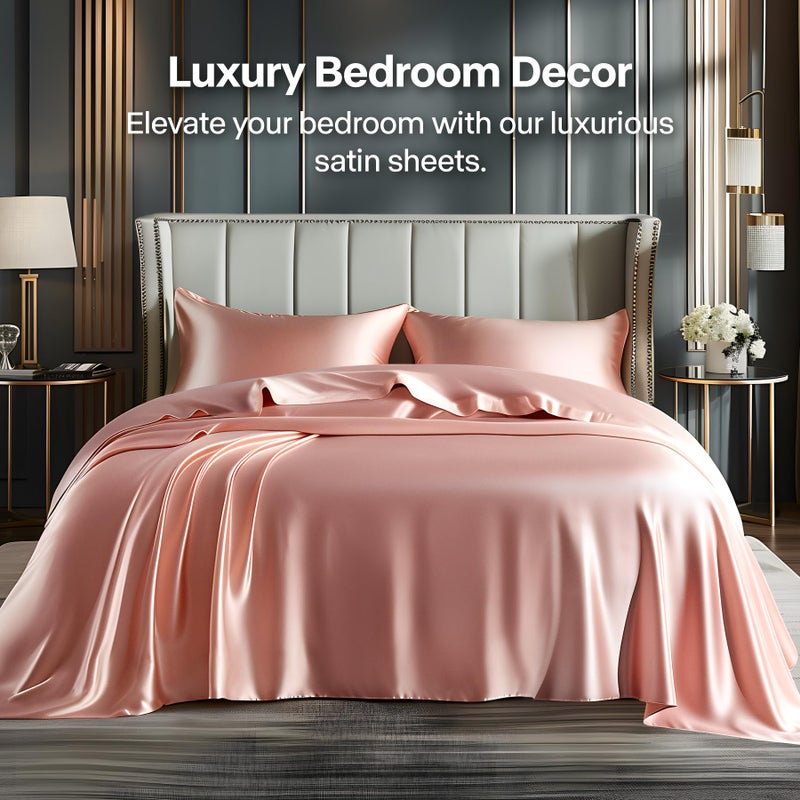 BEDELITE California King Sheets Set, Luxury Soft Rose Pink Satin Sheets for Hair and Skin, Similar to Silk Bed Sheets Set 4 Pieces with 1 Deep Pocket Fitted Sheet, 1 Flat Sheet, and 2 Pillowcases - Image 2