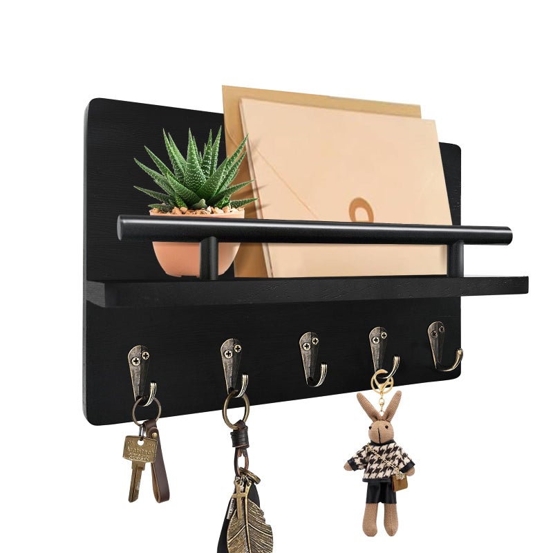 KISENG Key Holder Wall Mount, Decorative Key Rack with Shelf & 5 Sturdy Hooks, Rustic Key Hooks for Wall for Mail Organizer Hanging Dog Leash, Glasses, Wooden Key Hanger with Mounting Hardware - Image 1