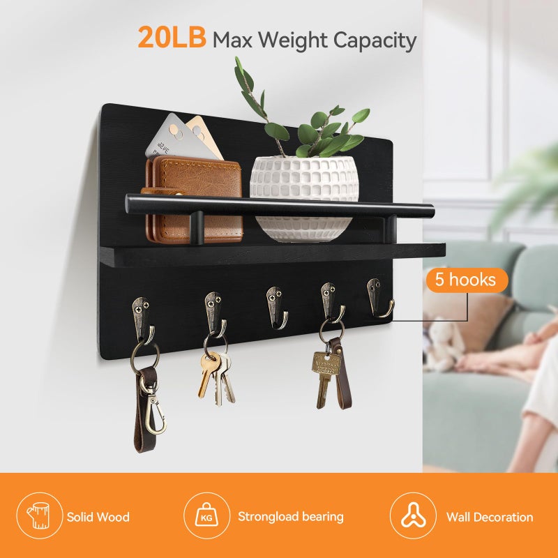 KISENG Key Holder Wall Mount, Decorative Key Rack with Shelf & 5 Sturdy Hooks, Rustic Key Hooks for Wall for Mail Organizer Hanging Dog Leash, Glasses, Wooden Key Hanger with Mounting Hardware - Image 5