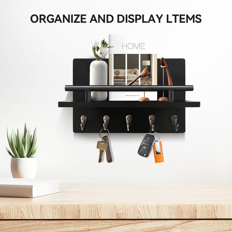 KISENG Key Holder Wall Mount, Decorative Key Rack with Shelf & 5 Sturdy Hooks, Rustic Key Hooks for Wall for Mail Organizer Hanging Dog Leash, Glasses, Wooden Key Hanger with Mounting Hardware - Image 4