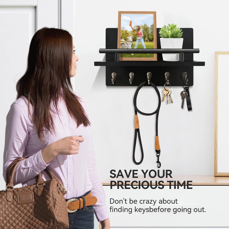 KISENG Key Holder Wall Mount, Decorative Key Rack with Shelf & 5 Sturdy Hooks, Rustic Key Hooks for Wall for Mail Organizer Hanging Dog Leash, Glasses, Wooden Key Hanger with Mounting Hardware - Image 3