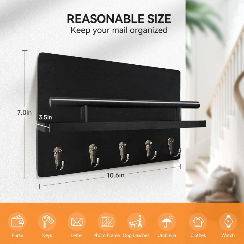KISENG Key Holder Wall Mount, Decorative Key Rack with Shelf & 5 Sturdy Hooks, Rustic Key Hooks for Wall for Mail Organizer Hanging Dog Leash, Glasses, Wooden Key Hanger with Mounting Hardware - Image 2