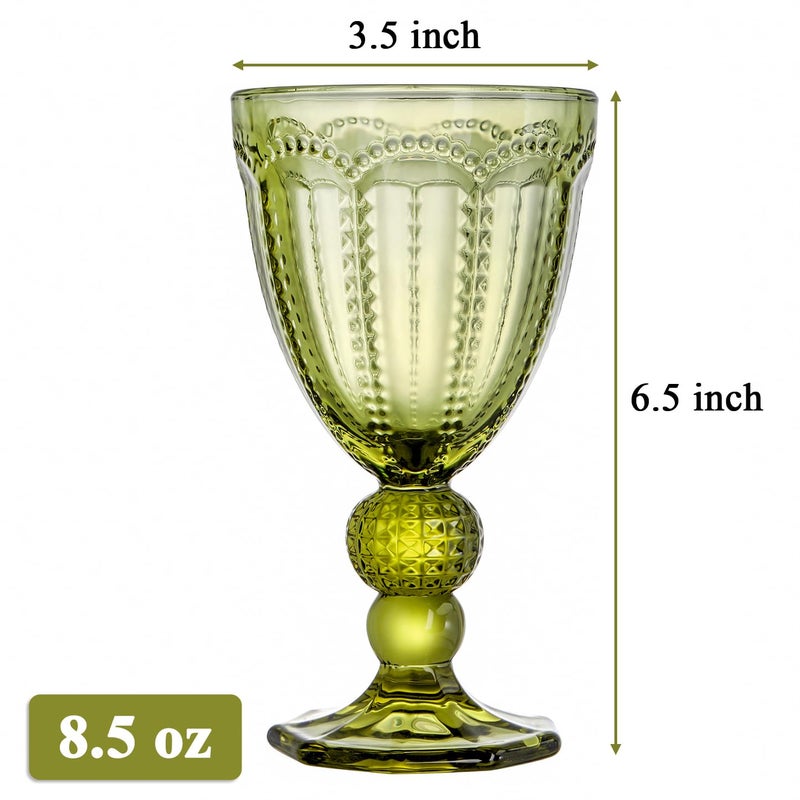 Elsjoy Set of 4 Vintage Green Wine Glass, 8.5 Oz Embossed Glass Goblet Colored Stemmed Drinking Glassware, Beverage Stemware for Juice, Cocktail, Party Wedding - Image 2
