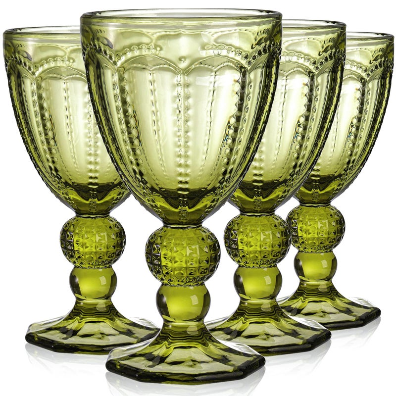 Elsjoy Set of 4 Vintage Green Wine Glass, 8.5 Oz Embossed Glass Goblet Colored Stemmed Drinking Glassware, Beverage Stemware for Juice, Cocktail, Party Wedding - Image 1