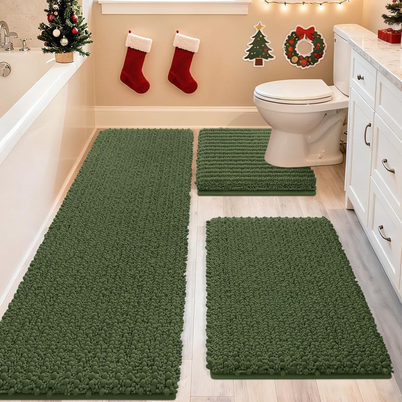 ACCUMTEK Upgrade Extra Large Oliver Green Bathroom Rug Set 3 Pieces Ultra Soft Thick Absorbent Bath Mats Non Slip Chenille Toilet Mat for Bathroom Bedroom Kitchen