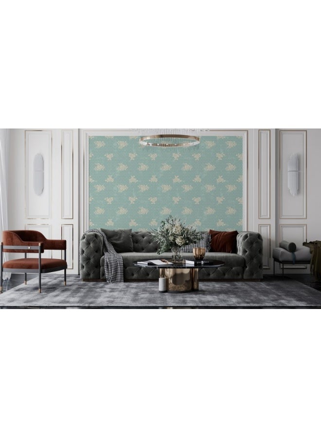 Home Gallery White Flowers With Cyan Background Fabric Wallpaper Covers An Area ​​Up To 4.2Mx3M With Adhesive  And Smoothing Tool - Image 1