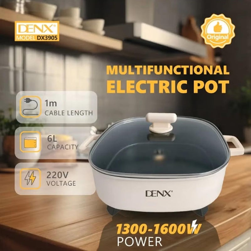DENX Multifunctional Electric Pot DX3905 – 6L Large Capacity, 1300–1600W Fast Heating, 220V Electric Cooker with Temperature Control, Non-Stick Inner Pot & Glass Lid for Cooking, Frying & Boiling - Image 4