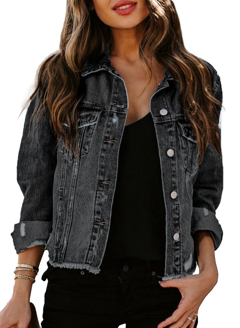 Sidefeel Womens Jean Jacket Oversized Denim Jacket Distressed Ripped Shackets Coat 2025 Spring Outfits Black Medium