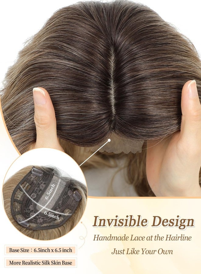 PANEWAY 16Inch Wavy Curly Brown Blonde Hair Topper with Dark Root - Clip In Hair Topper for Women - Image 4