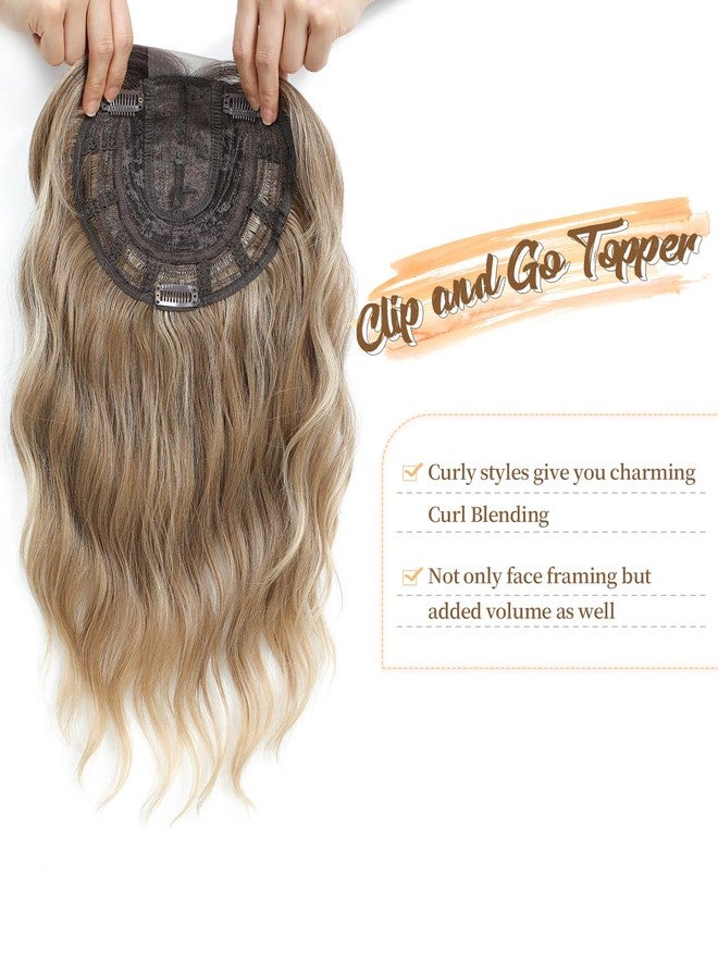 PANEWAY 16Inch Wavy Curly Brown Blonde Hair Topper with Dark Root - Clip In Hair Topper for Women - Image 3
