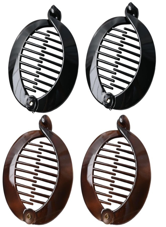 Large Prettyou 3.75 Inches, Round Banana Hair Clips for Thick Hair, 4 Pack in Tortoise Shell, Blue, Mint Green, Side Comb Ponytail Holder (black and chocolate, Large)