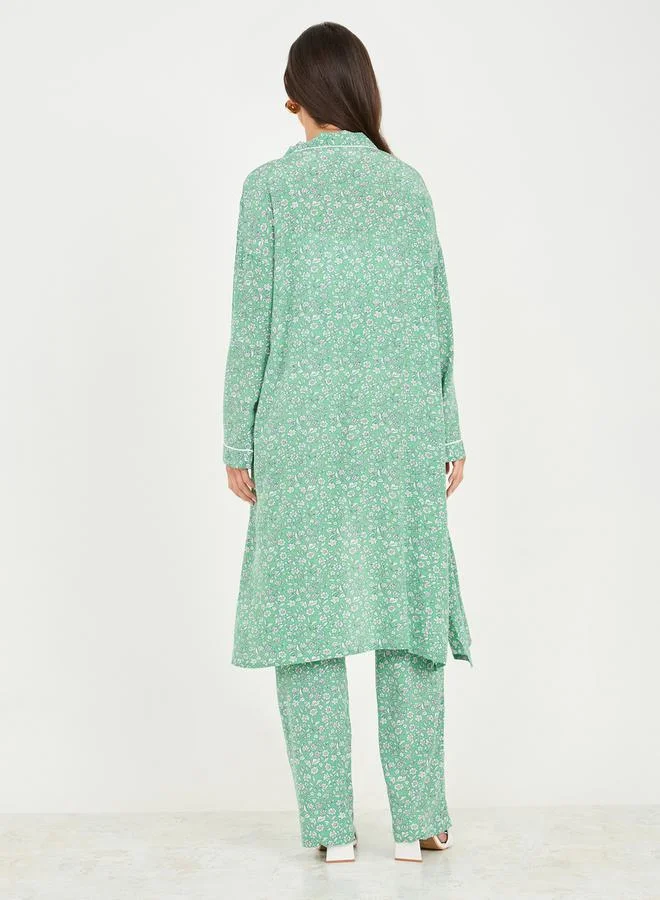 Styli Ditsy Floral Print Midi Kimono and Wide Leg Pant Set