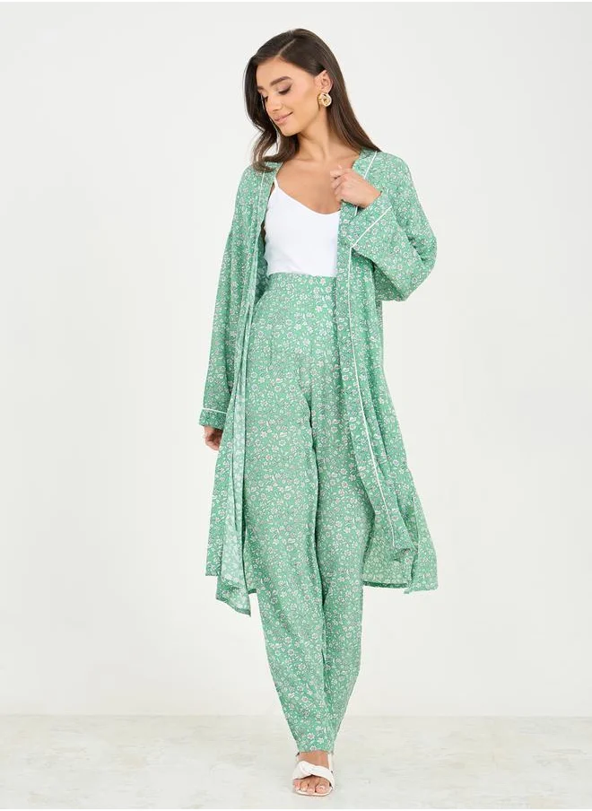 Styli Ditsy Floral Print Midi Kimono and Wide Leg Pant Set