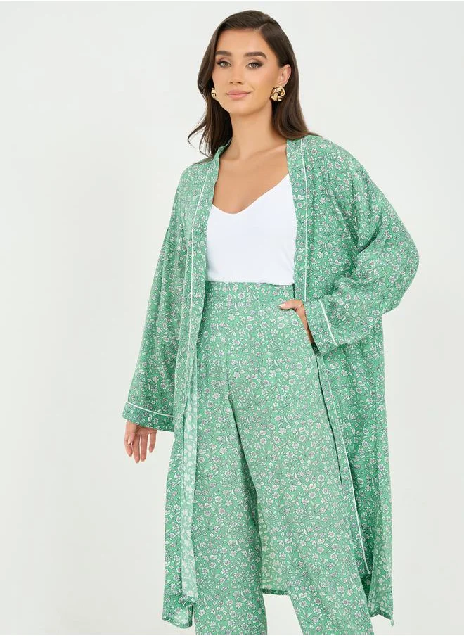 Styli Ditsy Floral Print Midi Kimono and Wide Leg Pant Set